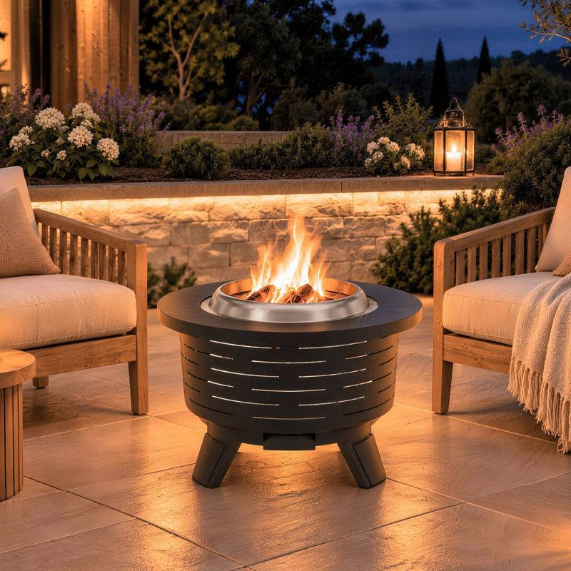25" Stainless Steel Wood-Burning Smokeless Fire Pit with Wide Side Table, Ash Pan, Waterproof Cover & Fire Poker – Black Outdoor Firepit for Patio, Backyard & Camping