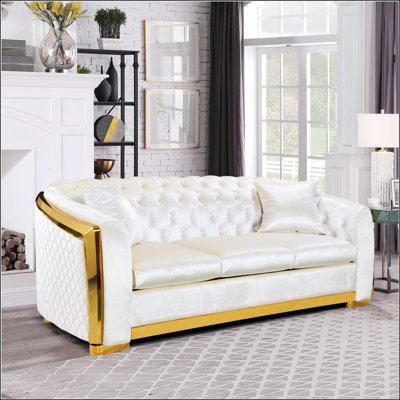 Ensemble de canapé Chesterfield en velours de luxe, canapé 3 places capitonné de 84 pouces avec tissu en acier inoxydable doré pour le salon