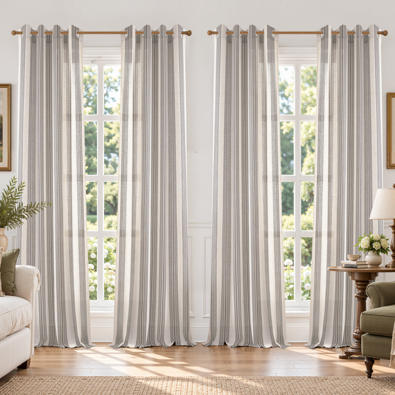 Rideaux semi-transparents en lin avec motif à rayures Chris, Gris, L 52 po x L 96 po