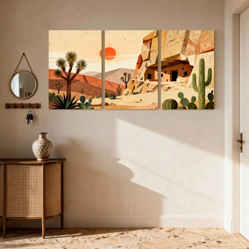«Landscape & Nature Desert Landscape with Cacti and Rock Formations», ensemble de 3 impressions d'art sur toile