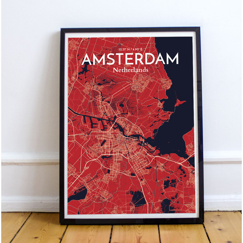 Carte routière d’Amsterdam, impression d’art graphique à imprimé nautique, H 20 po x l 16 po x P 0,05 po