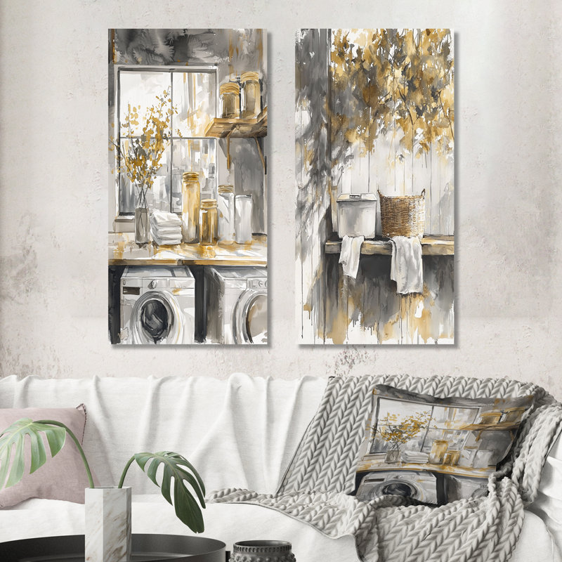 Blanchisserie dorée et grise au crépuscule I - ensemble de 2 pièces d'art mural, H 28 po x l 24 po, Toile tendue