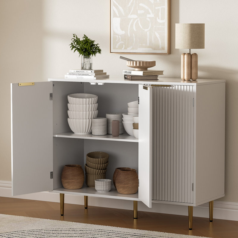 Fluted Buffet Sideboard With 3 Doors, Modern Accent Cabinet With Adjustable Shelves, Kitchen Storage With Golden Handles, Coffee Bar For Kitchen, Dining Room