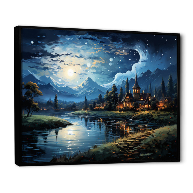 Masterpiece The Starry Night By Vincent - Landscapes Wall Art Living Room, H 24 po x l 32 po, Cadre flottant noir