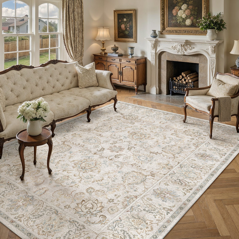 Elara Vintage Floral Machine Washable Area Rug With Non-Slip Backing, Rectangle 8' x 10', Gray