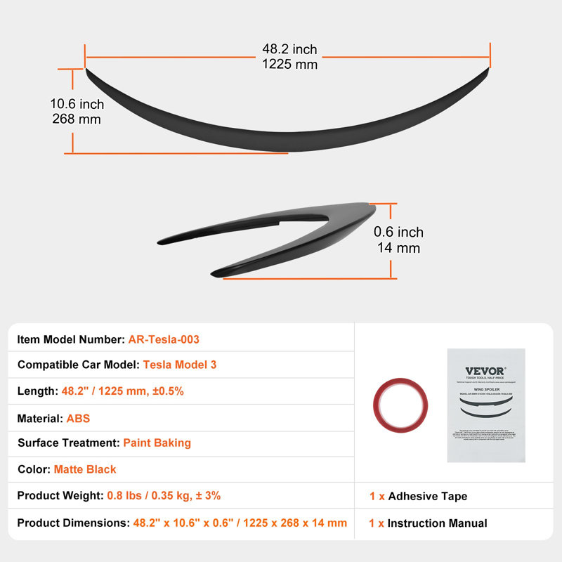 GT Wing Car Spoiler, 48.2 Inch Spoiler, Compatible With Tesla Model 3, High Strength ABS Material, Baking Paint, Car Rear Spoiler Wing, Racing Spoilers For Cars, Matte Black
