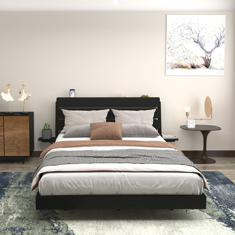 Floating Bed Frame Queen with LED Lights, Charging Station, and Storage Headboard, No Box Spring Needed, Easy Assembly, Black