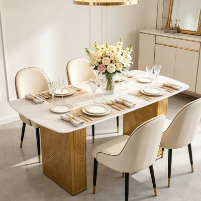 Modern Rectangular Tempered Glass Dining Table, Marble-Patterned Design with Dual-Pedestal Metal Base, Ideal for Dining Room & Home Office