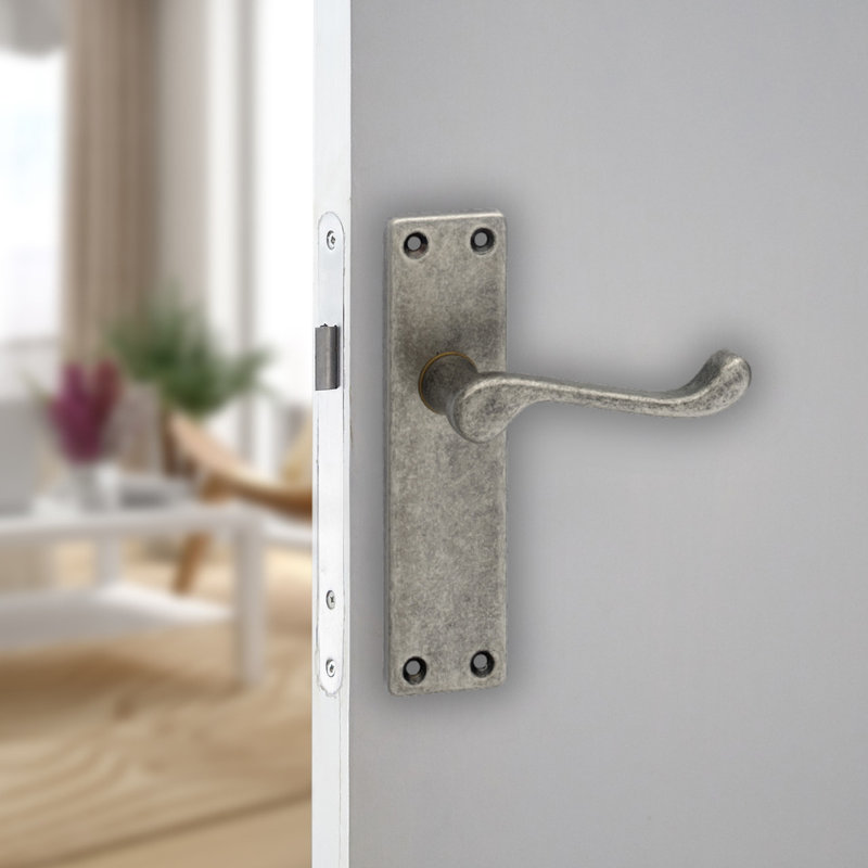 Victorian Scroll Door Handles Set, Pewter Plain