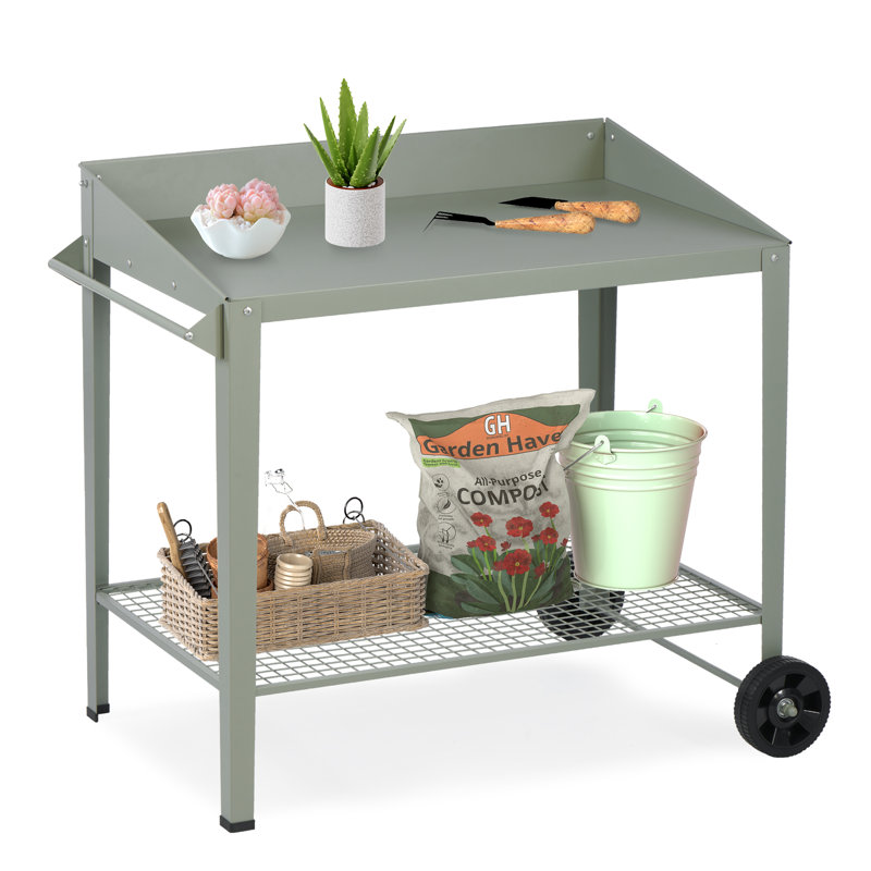 Outdoor Metal Potting Bench with Wheels and Storage Shelf, Green