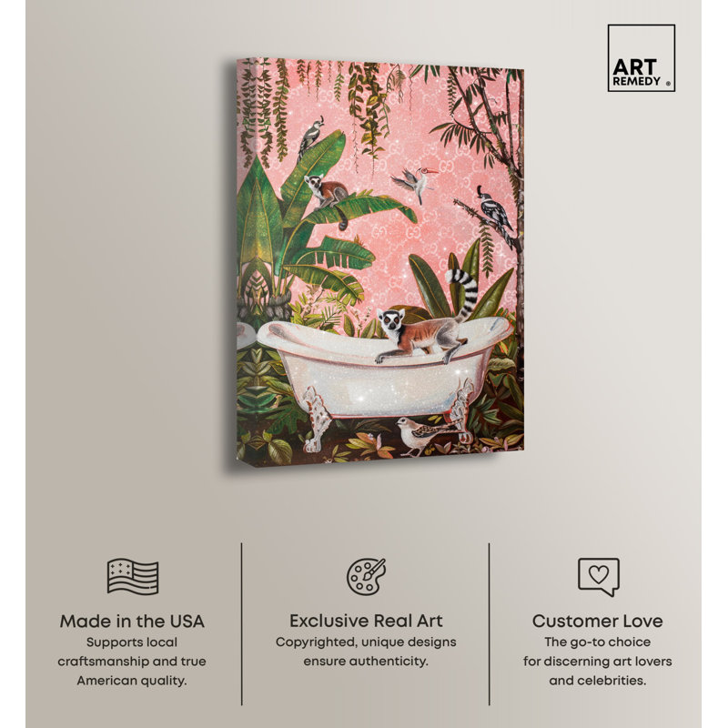 Exotic Lemur Jungle Scene Pink Canvas Wall Art