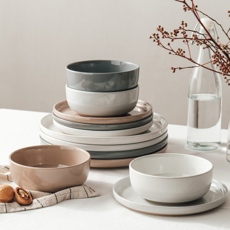 Ensemble 12 pièces de vaisselle, assiettes à salade et bols à céréales 12 pièces Stonewware pour 4 personnes, Multi-colour