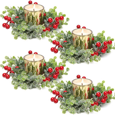 Anneau de bougie de Noël, 4 bougies votives avec couronne de bougie de Noël pour la table de Noël, centre de table, décoration, fête