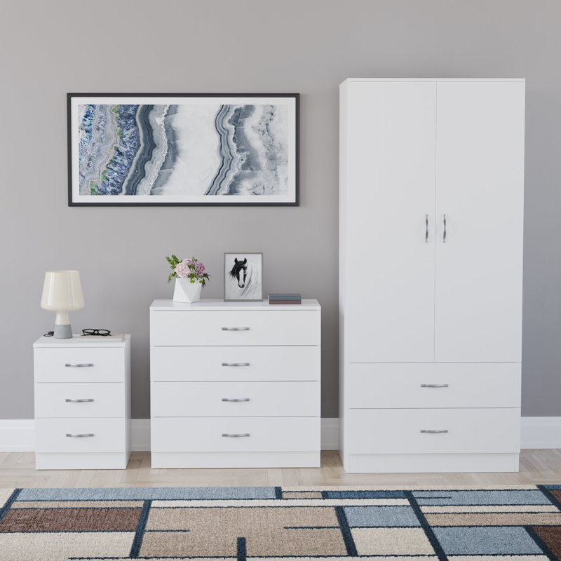 Maybery 3 Piece Bedroom Set (3 Drawer Bedside Chest, 4 Drawer Chest, 2 Door 2 Drawer Wardrobe), (4), White