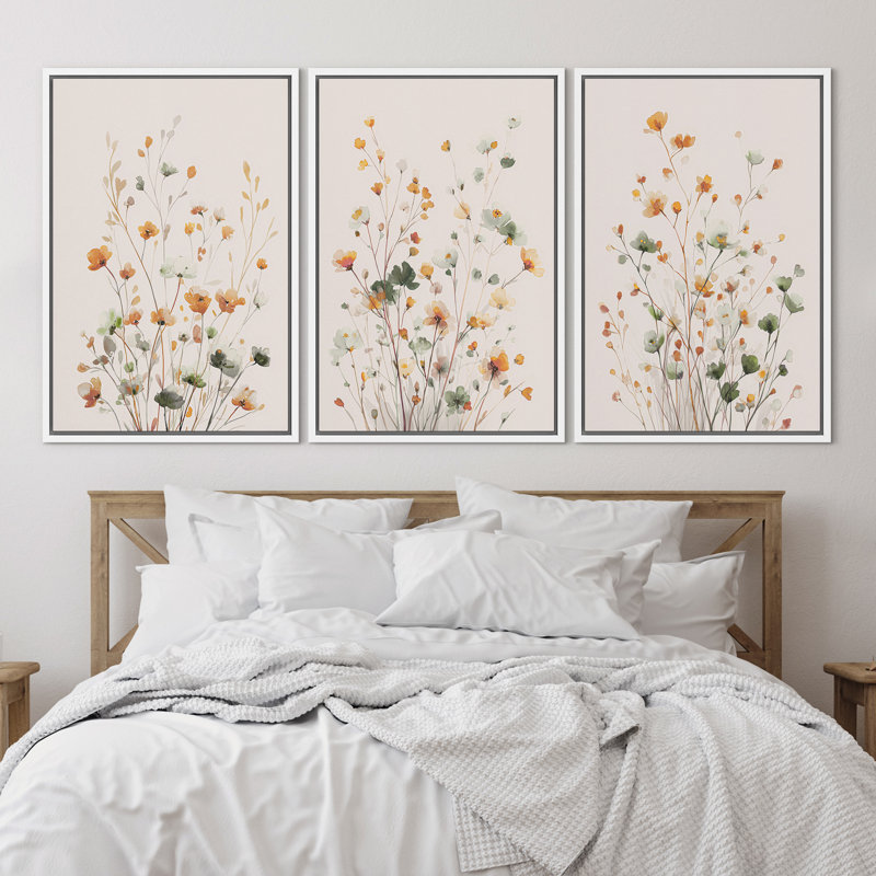 Soft Pastel Wildflower Botanical Composition Wall Art Decor Framed On Canvas 3 Pieces Print, H 36 po x l 24 po, White