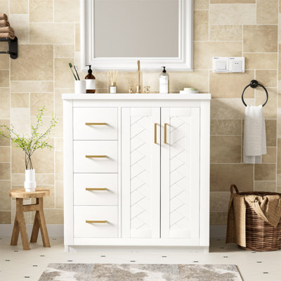 Meuble-lavabo de 30 po avec lavabo en céramique, cadre en bois massif, rangement spacieux, portes et tiroirs à fermeture en douceur