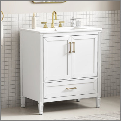 Meuble-lavabo cannelé élégant 30 po avec lavabo en céramique, boîte simple, pieds en bois massif, portes et tiroir à fermeture en douceur, tablette de porte, blanc