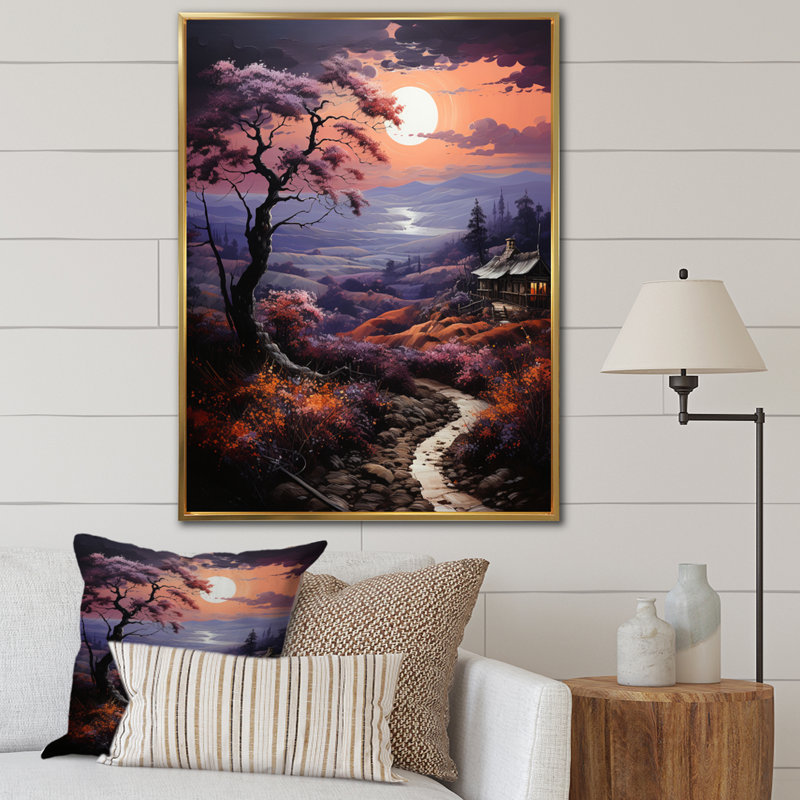 Balal Countryside Crimson Dusk Landscape I - impression, Cadre flottant doré, H 32 po x l 16 po x P 1 po