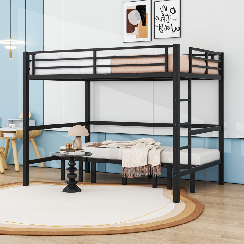 Metal Bunk Bed with Full Rail Top, Pull-Out Lower Bunk, and U-Shaped Sofa Design, Queen Over Queen