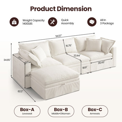 114" Down Cloud Couch, Oversized Modular Comfy Sofa for Living Room, L Shaped Sectional Couches with Detachable Sofa Cover, Storage Ottoman