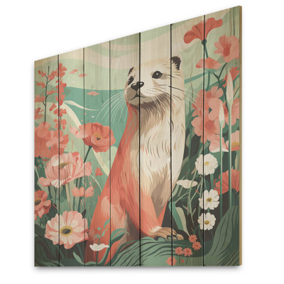 Playful Otter In Floral Blooms I - Otter On Wood Print