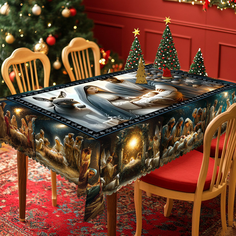 1pc Christmas Themed Print Tablecloth, Round/Rectangular Table Cloth, Mantel Para Mesa De Comedor, Xmas Decor, Holiday Party Indoor Dining Decor, Round Rectangle Christmas Table Cover, Festive Home Kitchen Accessory Gifts, Several Sizes Available