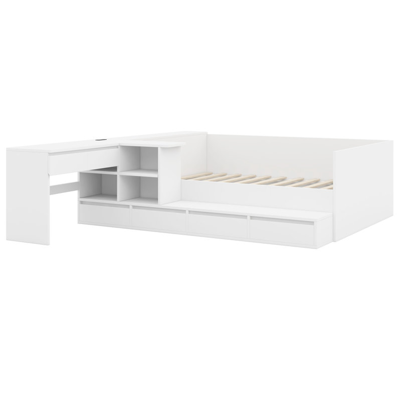 Lit plateforme en bois avec tiroirs, Blanc