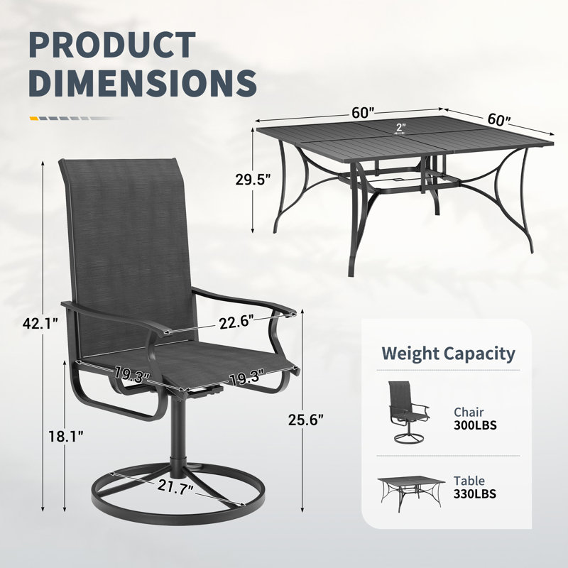 Ensemble repas pour 8 personnes avec chaises pivotantes, table de patio et chaises avec trou pour parasol, ensemble de patio pour l'extérieur