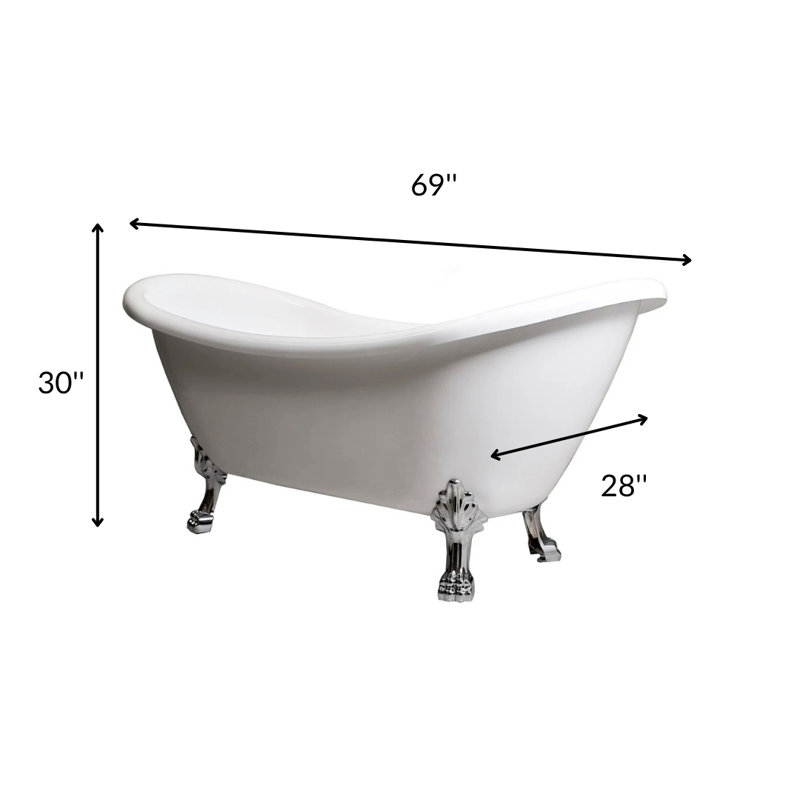 Daphne 69" x 30" Clawfoot Soaking Fibreglass Bathtub, White, Chrome