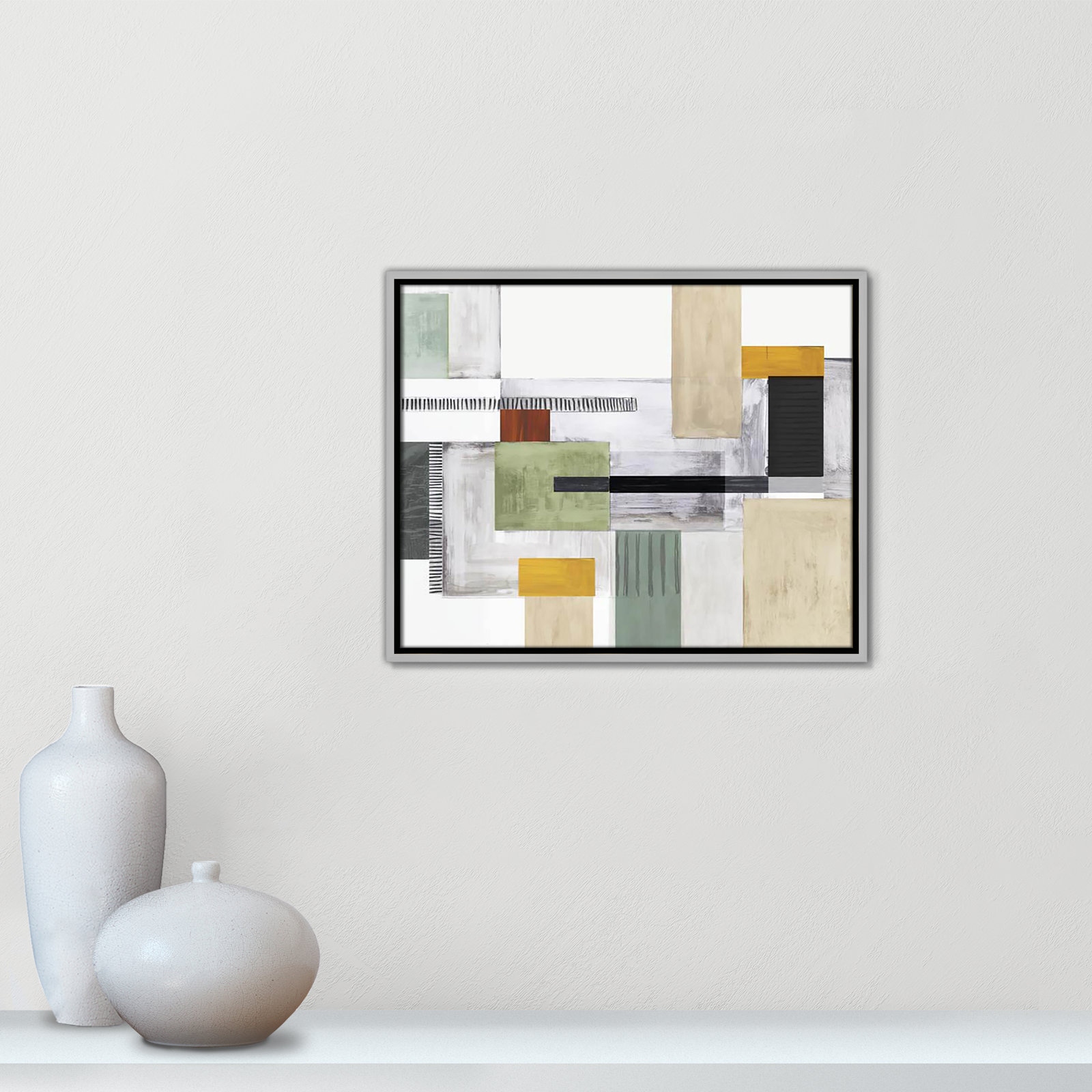 Playful Blocks Print by Tom Reeves, 17.5" H x 21.5" W x 2" D, Silver Floater Framed, No Mat