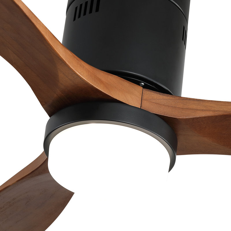 52'' Matte Black and Brown Wood Flush Mount Ceiling Fan with LED Light