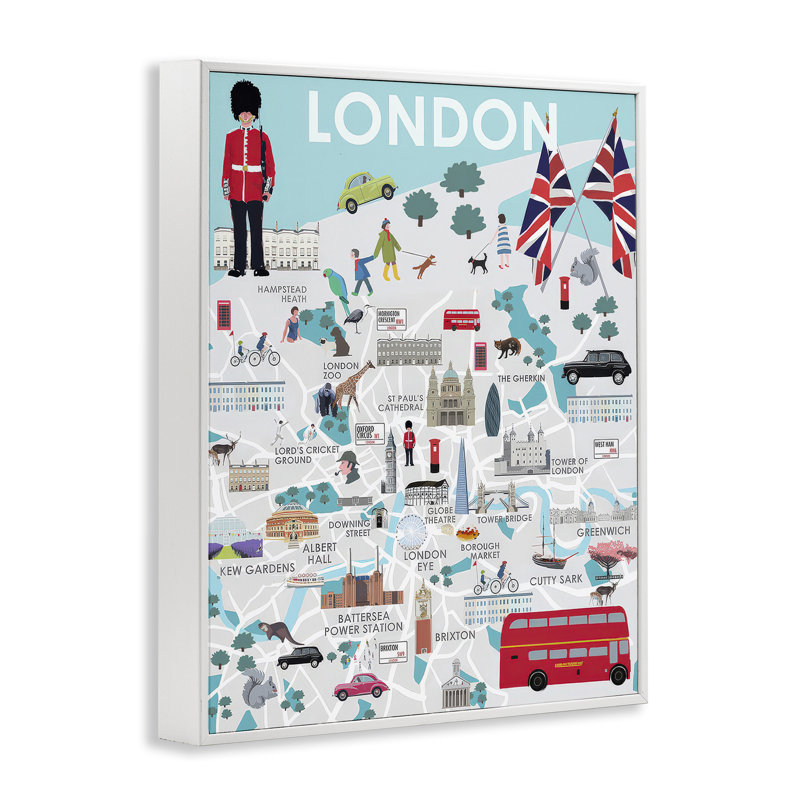 «London Landmark Map», estampe numérique encadrée par Betty Boynes bg-829, Estampe numérique encadrée blanc bord de mer
