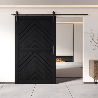 Homacer Black 42 in. x 80 in. Finished & Unassembled 4-IN-1 Fishbone Design Barn Door with Non-Bypass Installation Hardware Kit, 7.5ft track, interior use only