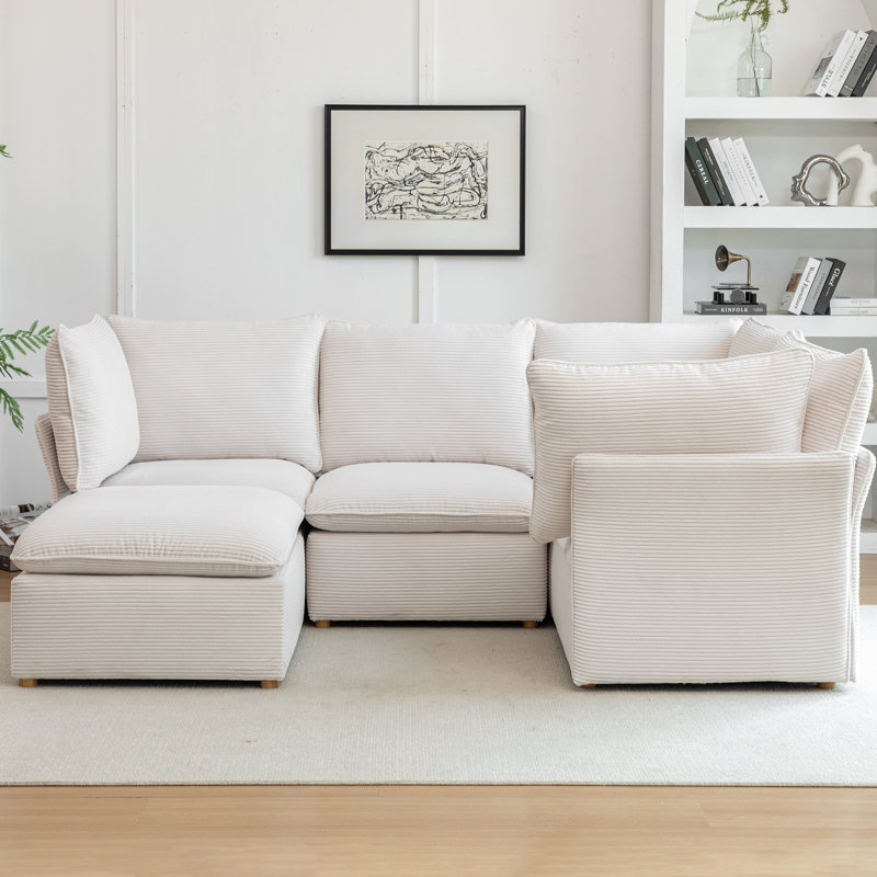Hepworth Dejohn Corduroy Sectional Sofa With Solid Wood Legs, 36" H x 95.5" W x 62.5" D, White Corduroy