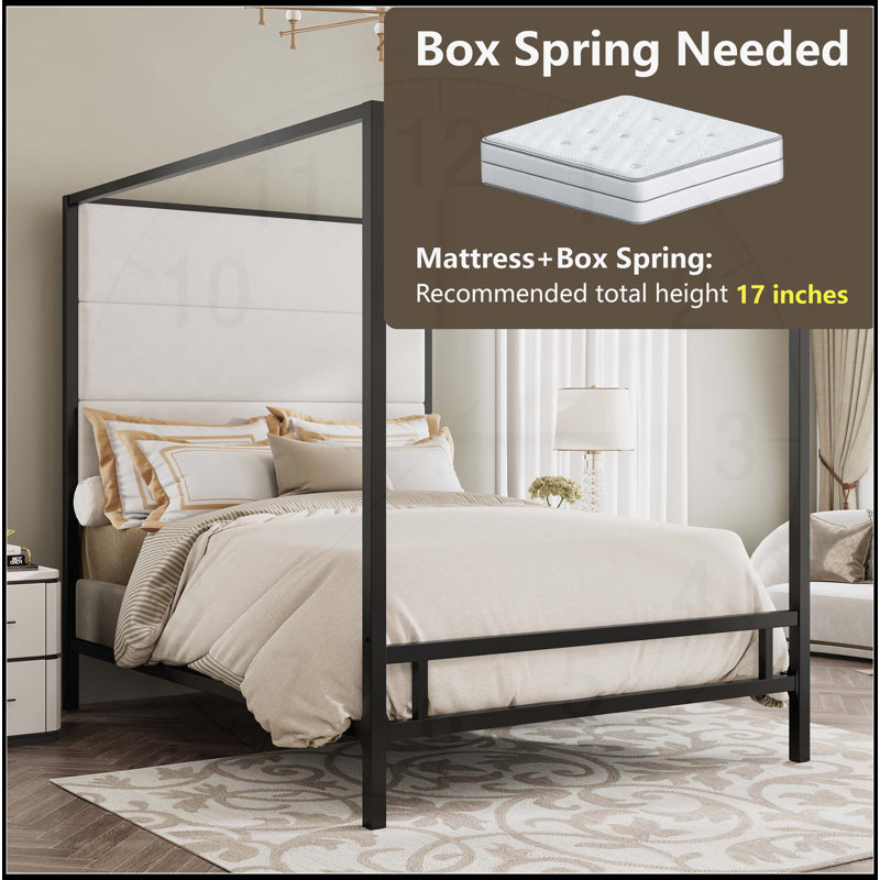 Luxurious Metal Canopy Bed with Upholstered Headboard for Dreamy Sleep, King, Black/White