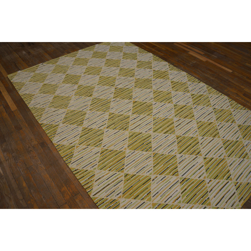 Tapis vert clair / gris en laine noué à la main de conception unique 6 pi x 9 pi