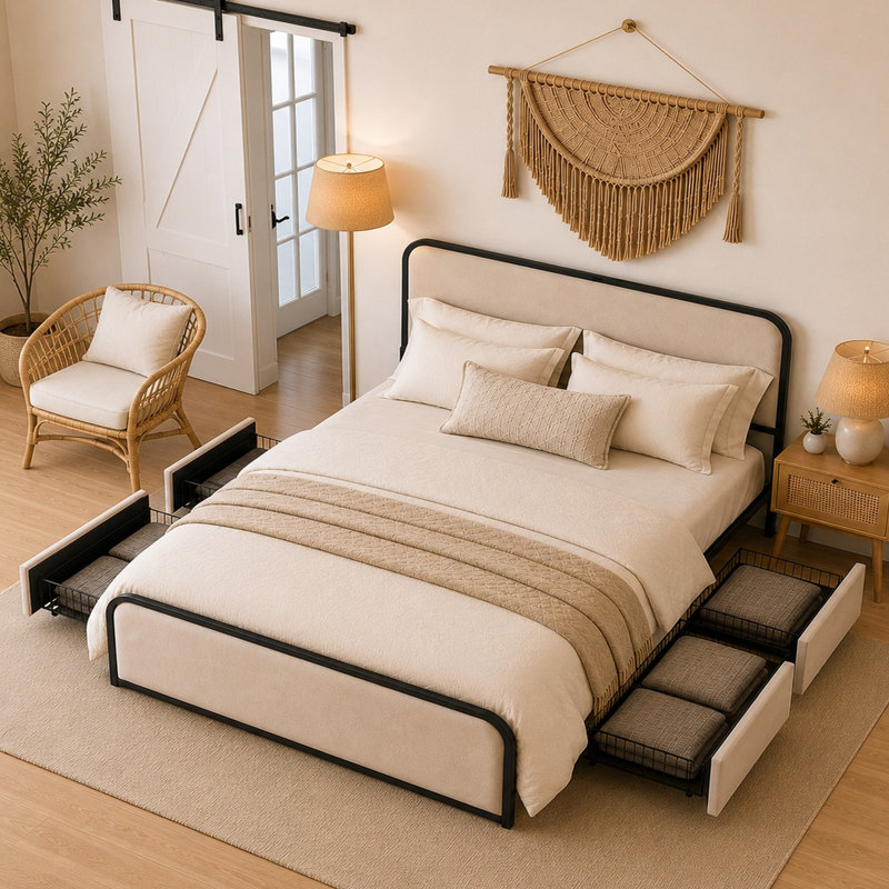 Lit plateforme avec rangement Henos, Beige, Grand