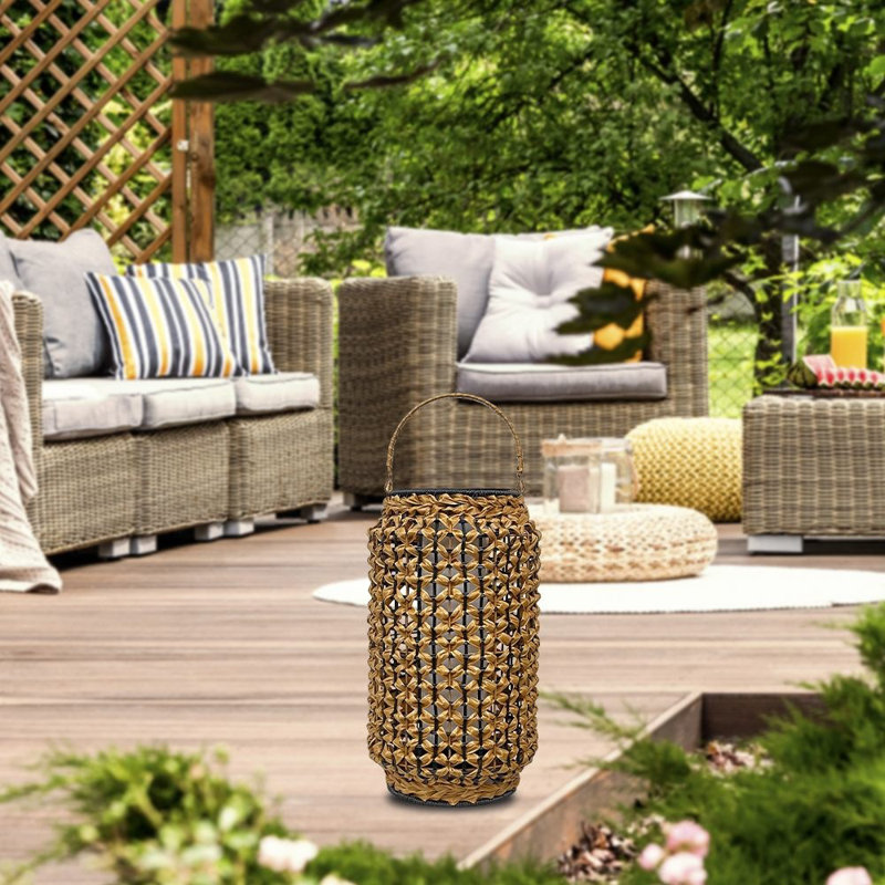 Solar Wicker Floor Lamp, 23 cm Diameter x 17.3 inches Height | IP65 Weatherproof, 1 x 2 4W Integral LED, 3000K Warm Light at 80 Lm | Stylish Oak & Black Design, Perfect for Indoor & Outdoor Use