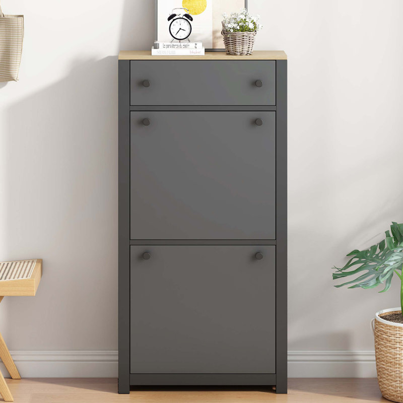 Organisateur de vestibule fonctionnel avec 2 tiroirs rabattables, armoire à chaussures à motif grain de bois avec tiroir, étagère à chaussures autoportante avec panneau réglable pour le couloir