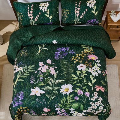 Ensemble de literie à courtepointe à motif floral 3 pièces - Couvre-lit doux en microfibre légère avec taies décoratives pour toutes les saisons