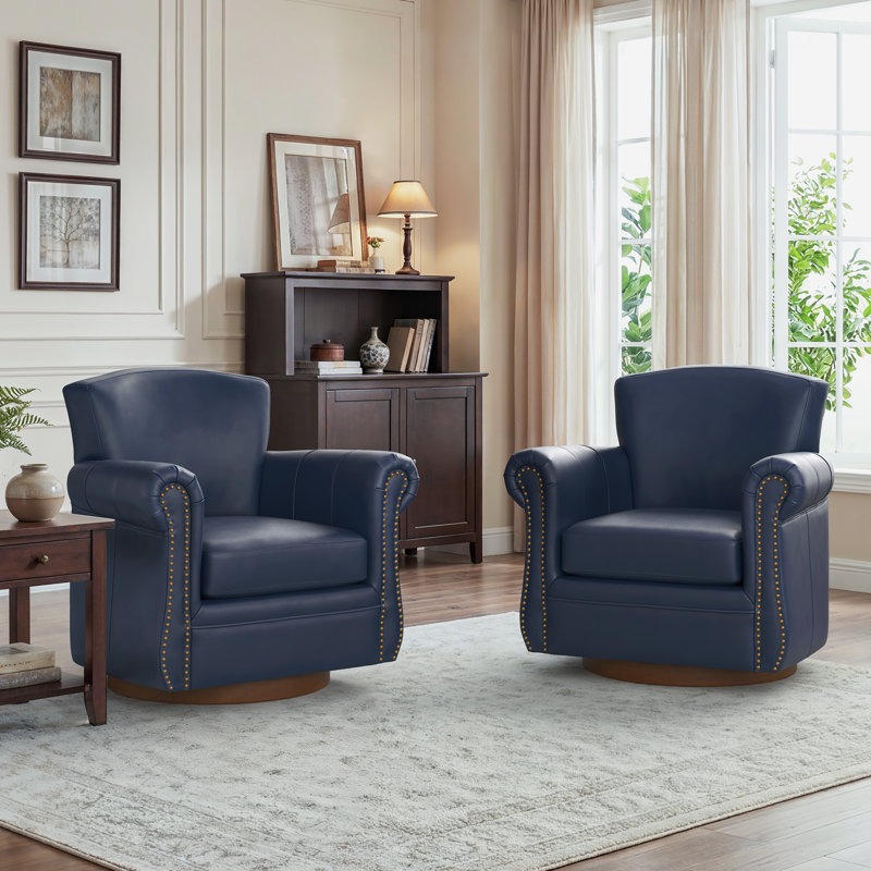 Opal Wingback Genuine Leather Swivel Chair (Set Of 2), Rolled Arm Accent Chairs With Solid Wood Base, Navy
