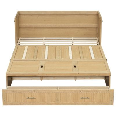 Grand lit escamotable peu encombrant avec station de charge intégrée et grand tiroir de rangement, armoire-lit en bois de pin massif avec panneaux décoratifs ondulés, finition noyer