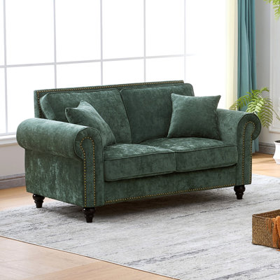 Canapé moderne 63 pouces à 2 places avec accoudoirs roulés, canapé rembourré en chenille avec pieds en bois et garniture cloutée pour salon, appartement, vert