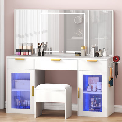 Meuble-lavabo de 56 po avec miroir DEL et armoires en verre RVB