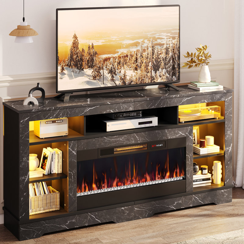 70"W Tall Fireplace TV Stand for TVs to 80" with 36"W Electric Fireplace Heater, Overheat Protection, Timer, LED Lighting