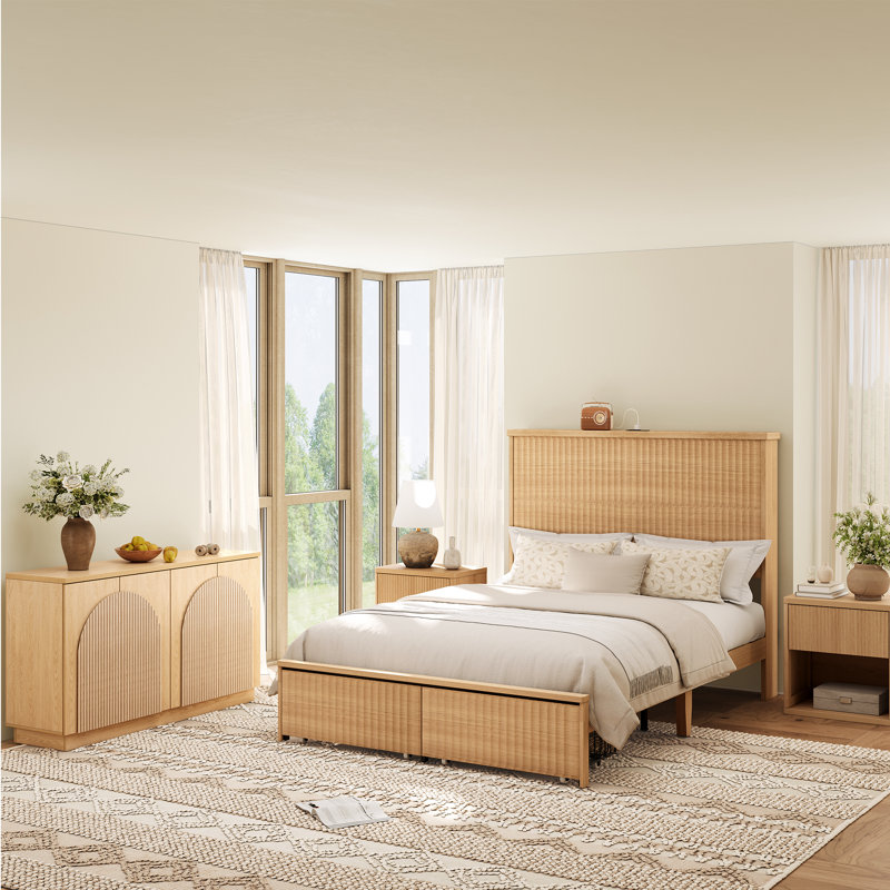 Grand lit rétro cannelé avec tête de lit et tiroirs de rangement de 55 po de hauteur, Queen