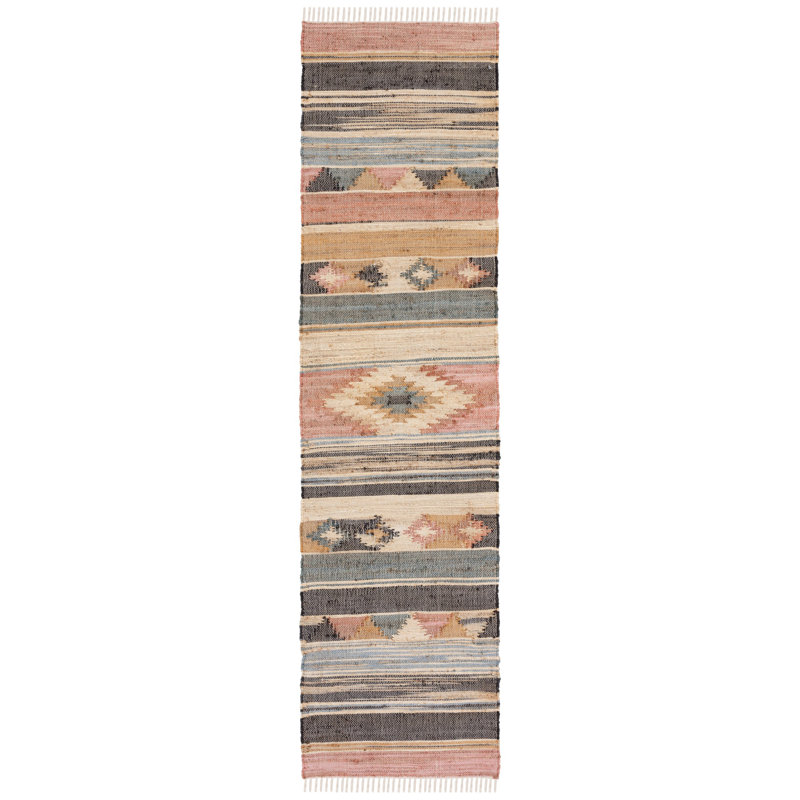 Friley Southwesten Flatweave Jute/Cotton Blue/Rust Area Rug, Runner 2'3" x 8'
