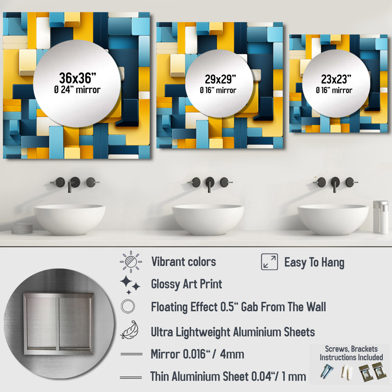 Harmonie de blocs géométriques jaunes et bleus - miroir mural carré moderne pour chambre à coucher, 23 po x 23 po