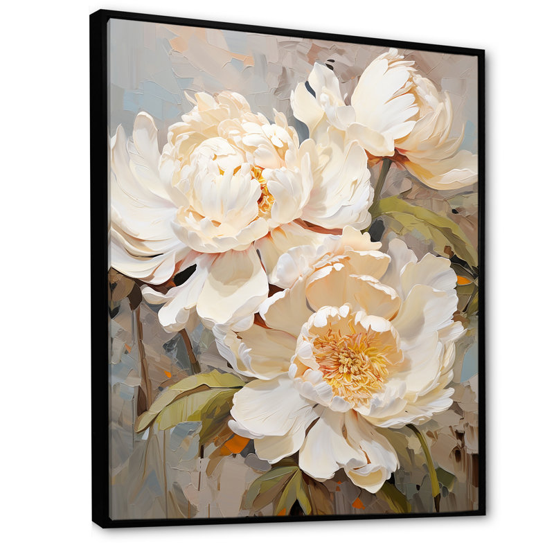 «Beige fragrant pivoine» sur toile, H 32 po x l 16 po x P 1 po, Cadre flottant noir