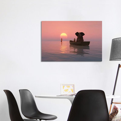 Elephant And Dog Are Floating In A Boat At Sunset by Mike Kiev - Wrapped Canvas Print